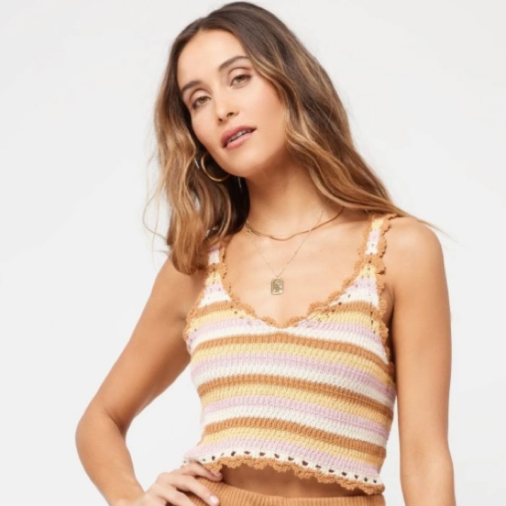 NWT L*Space Turn the‎ Tide Cancun Crochet Crop Top Brown Pink Cream Sz X-Large